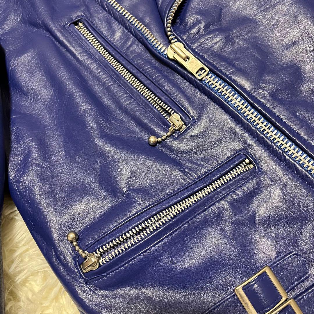 【美品】HORN WORKS レザー ダブルライダースジャケット LL ブルー