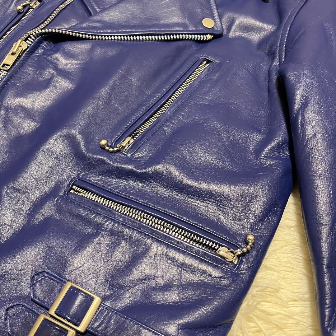 【美品】HORN WORKS レザー ダブルライダースジャケット LL ブルー