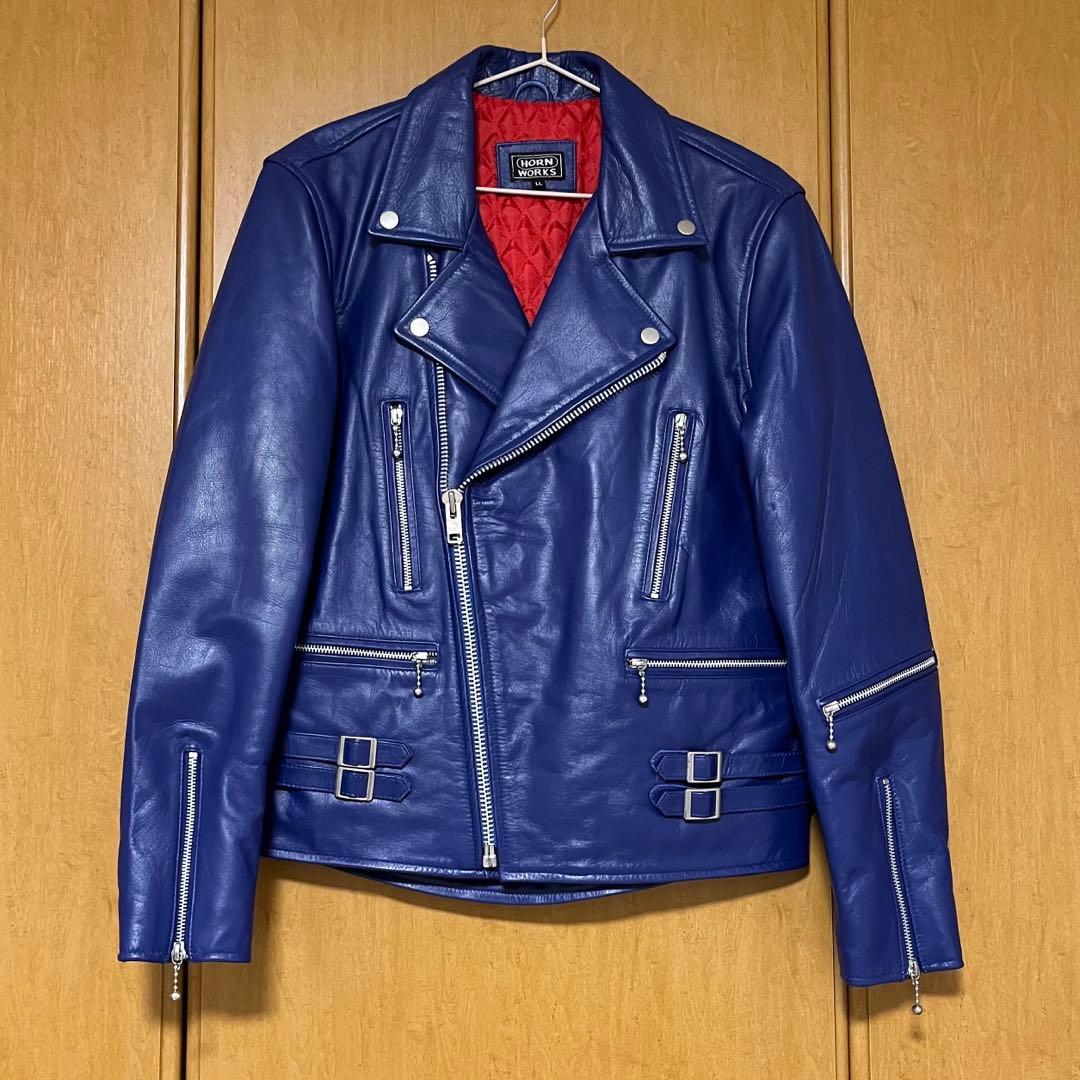 【美品】HORN WORKS レザー ダブルライダースジャケット LL ブルー