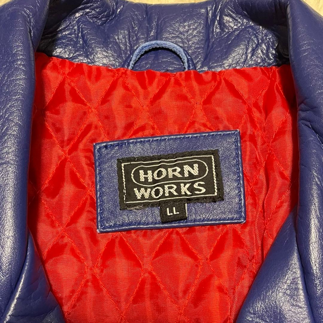 【美品】HORN WORKS レザー ダブルライダースジャケット LL ブルー