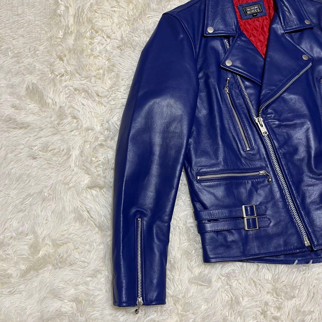 【美品】HORN WORKS レザー ダブルライダースジャケット LL ブルー