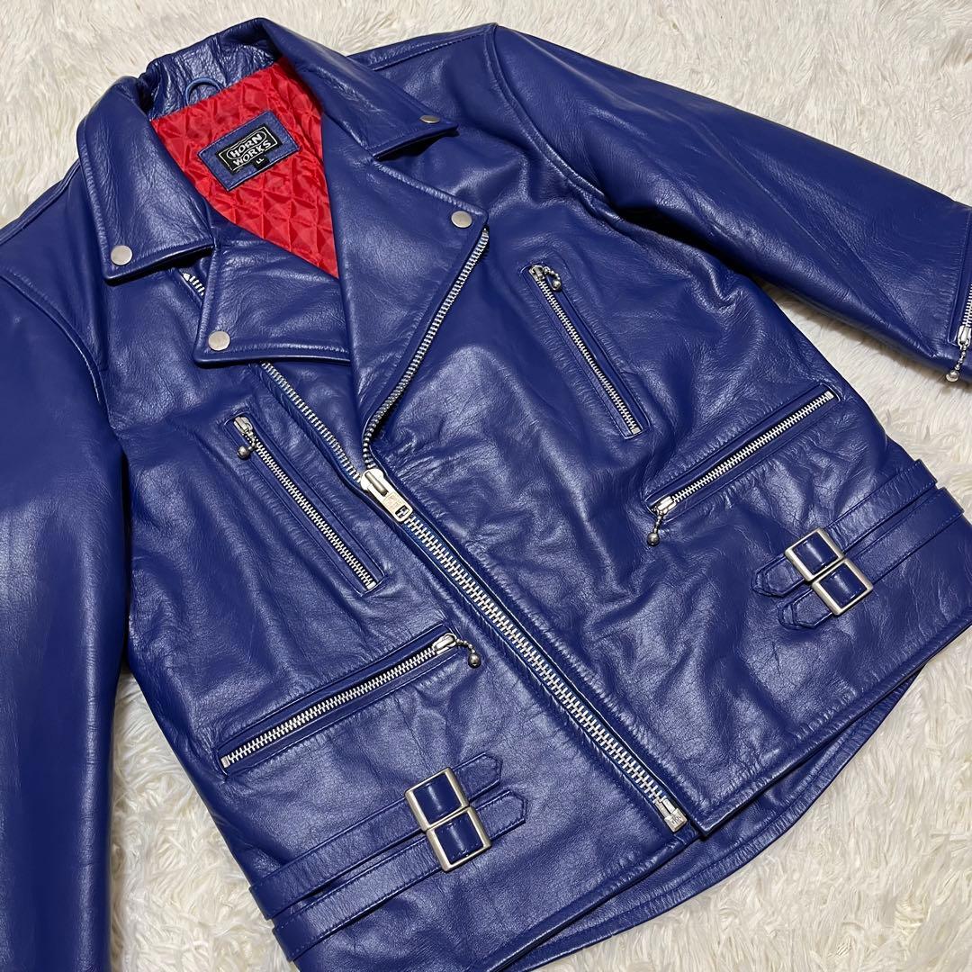 【美品】HORN WORKS レザー ダブルライダースジャケット LL ブルー