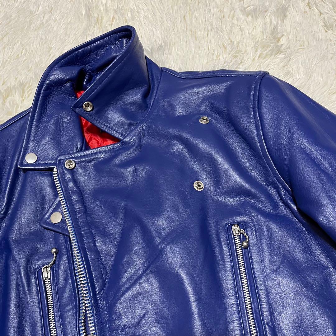 【美品】HORN WORKS レザー ダブルライダースジャケット LL ブルー