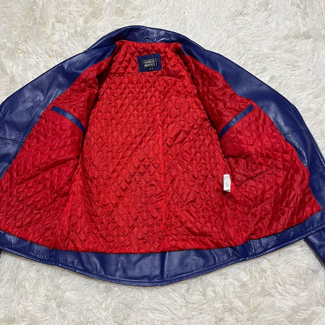 【美品】HORN WORKS レザー ダブルライダースジャケット LL ブルー