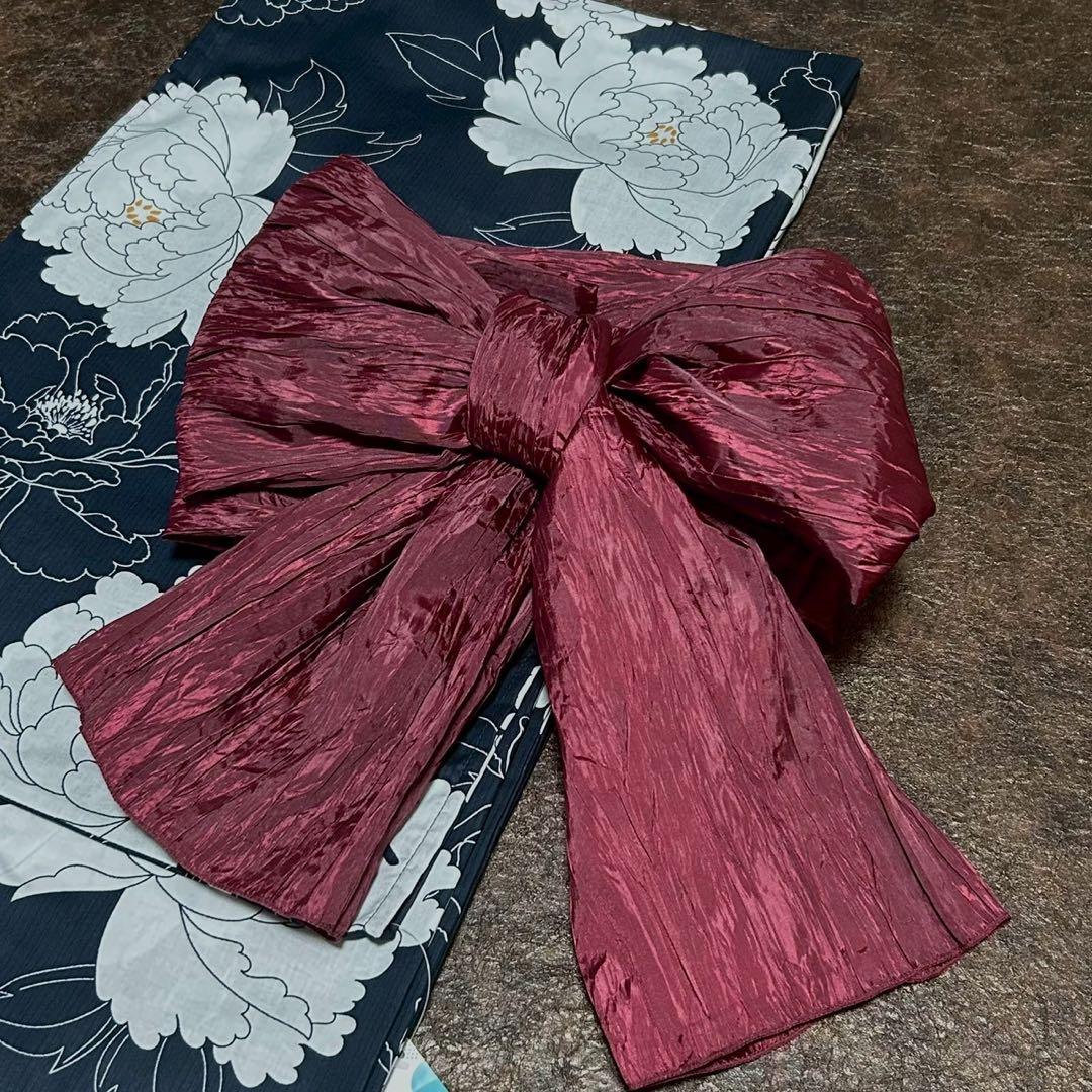 浴衣　大きめサイズ　浴衣 3L 牡丹　濃紺　兵児帯エンジ　2点　新品　0724⑦