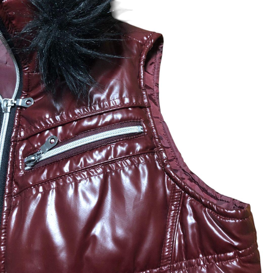 人気　y2k 光沢 バーガンディ ファーキルティングベスト ワイン色 M