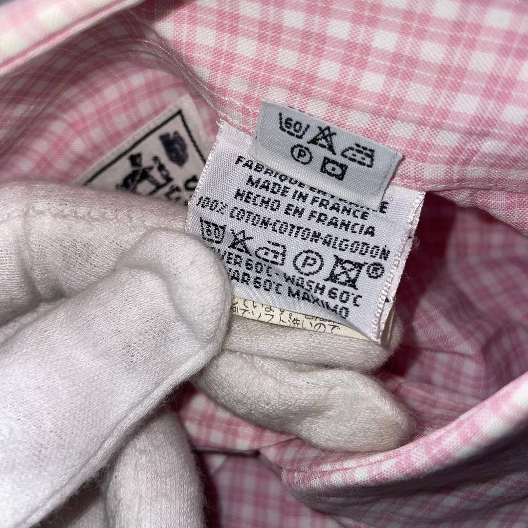 エルメス ギンガムチェック シャツ 33-15½ 仏製 シミあり
