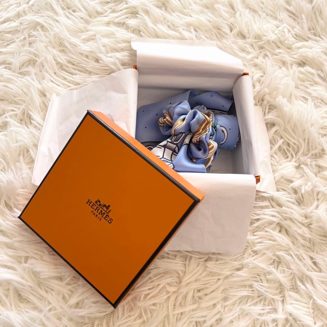 未使用級✨HERMES　エルメス　プリントシルクツイルヘアシュシュ　ライトブルー