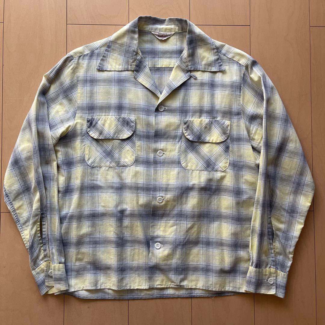 50's オープンカラーシャツ　コットン　黄黒白　オンブレ　シャドーチェック　M