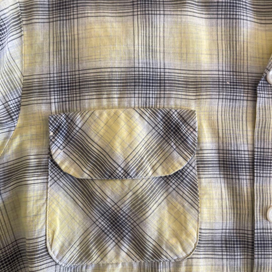 50's オープンカラーシャツ　コットン　黄黒白　オンブレ　シャドーチェック　M