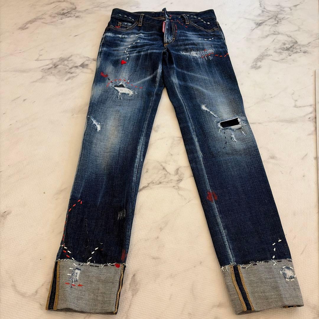 売約済　ディースク　ダメージ加工 スキニーデニム ダークブルー