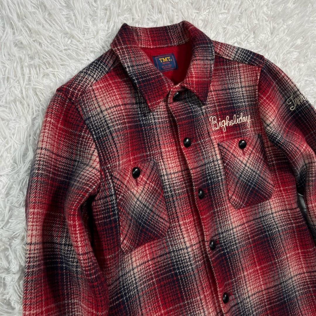 TMT ウールチェックジャケット　赤【S】日本製　くるみボタン◆オンブレチェック