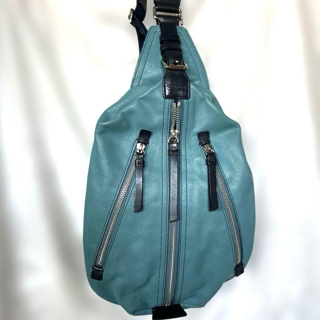 【COACH】コーチ 青緑色 レザー ボディバッグ