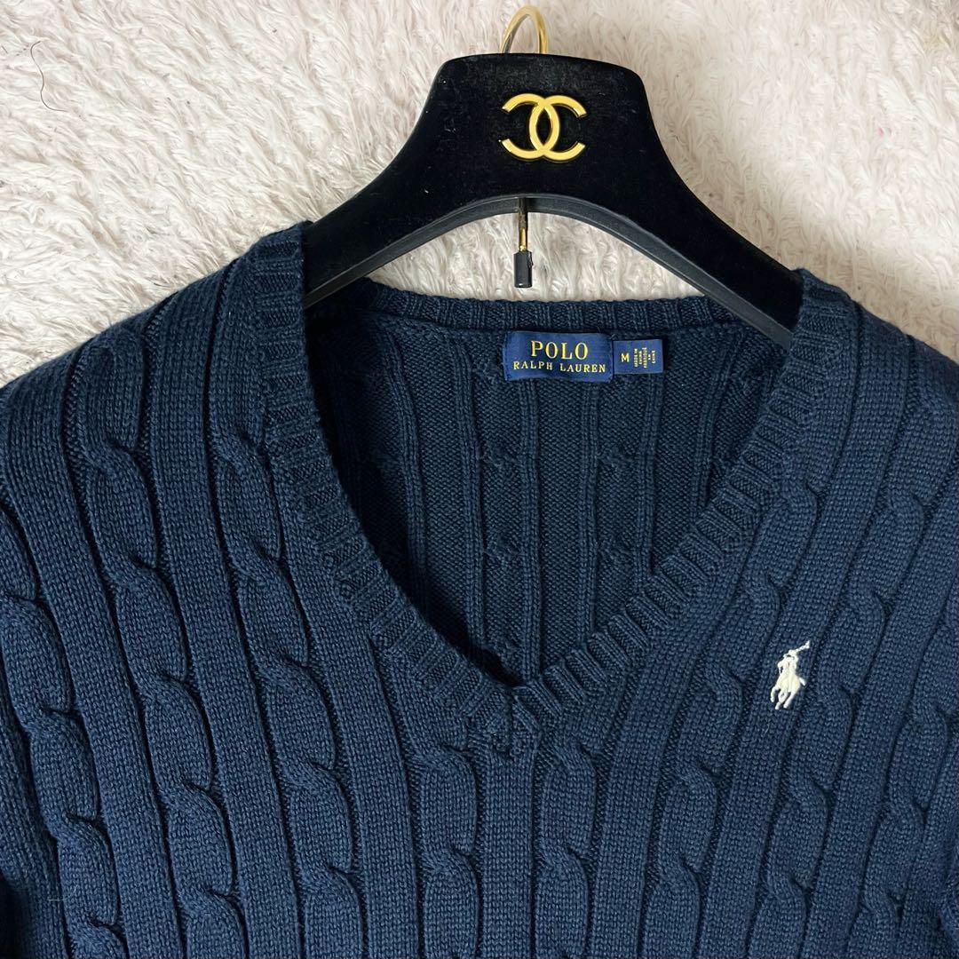 ✖︎ ポロラルフローレン コットン ケーブル ニット ロゴ刺繍 ネイビー 紺 M