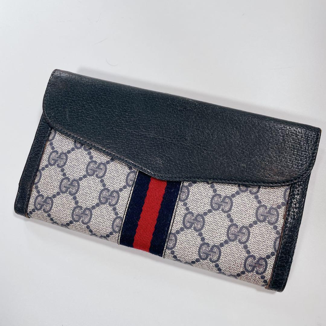 GUCCI　オールドグッチ　シェリーライン　GG柄　PVC　レザー　三つ折り財布