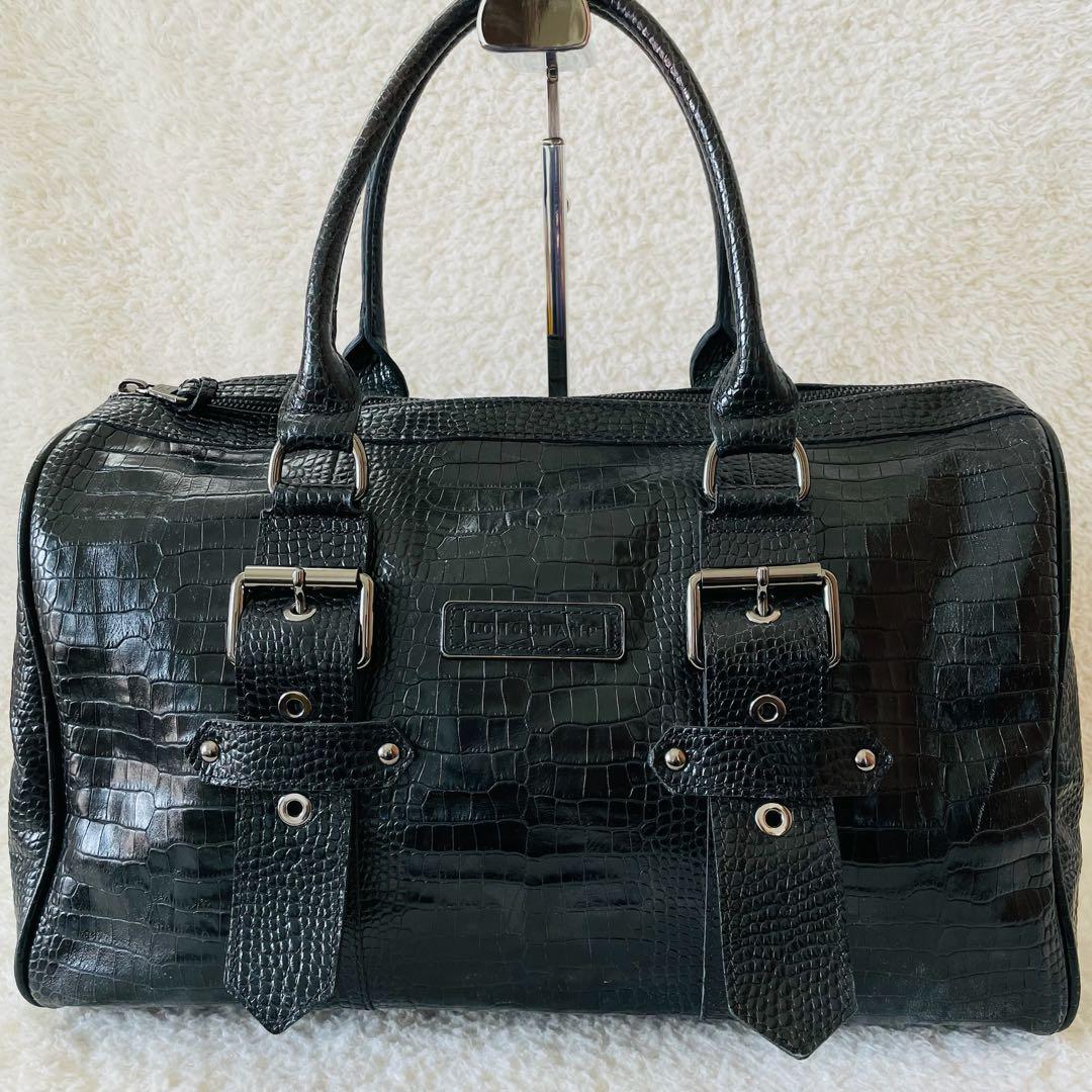 LONGCHAMP ボストンバッグ クロコ型押し ケイトモス コラボ 黒