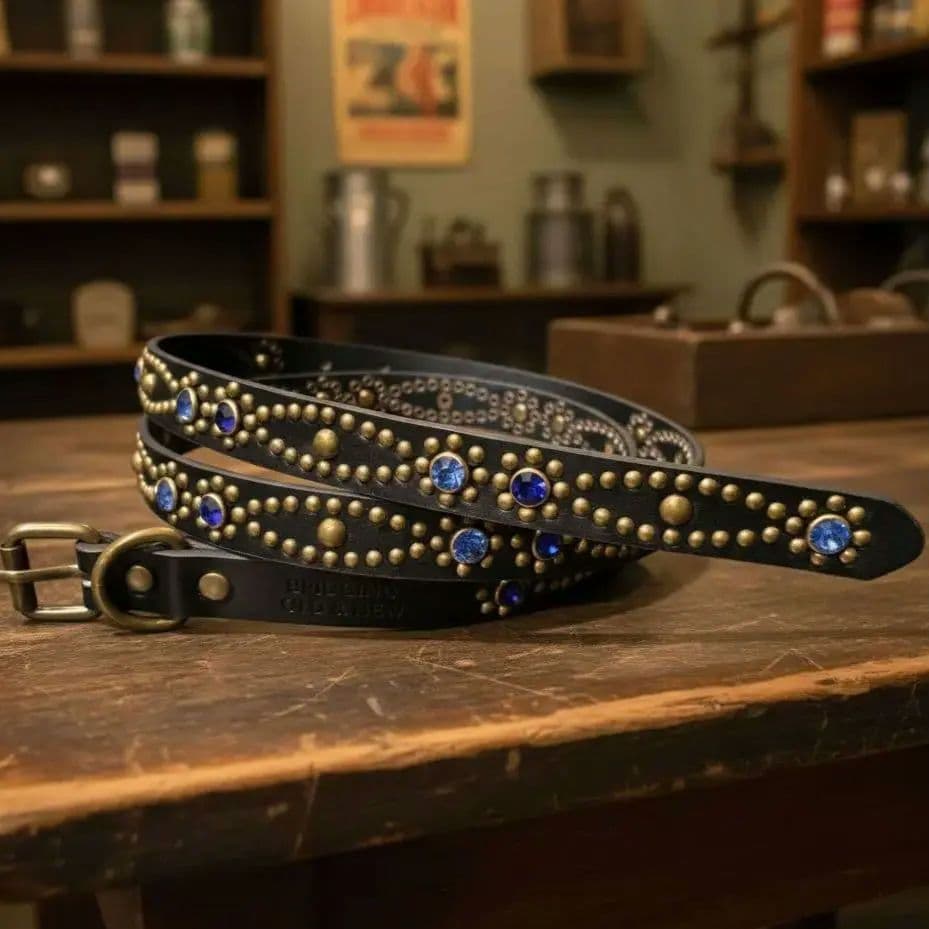 クロス青■本革レザーフルスタッズナローベルト☆アメカジヴィンテージキムタクhtc