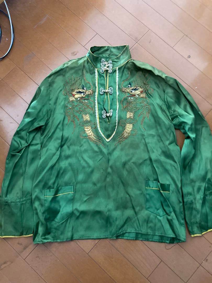 1940・50sチャイナシャツ　スーベニア 緑色ドラゴン刺繍