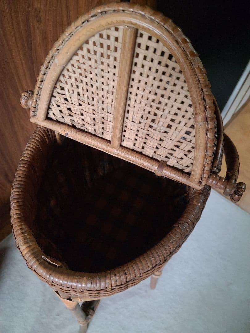 フランスアンティーク ラタン チェック柄 バスケット
