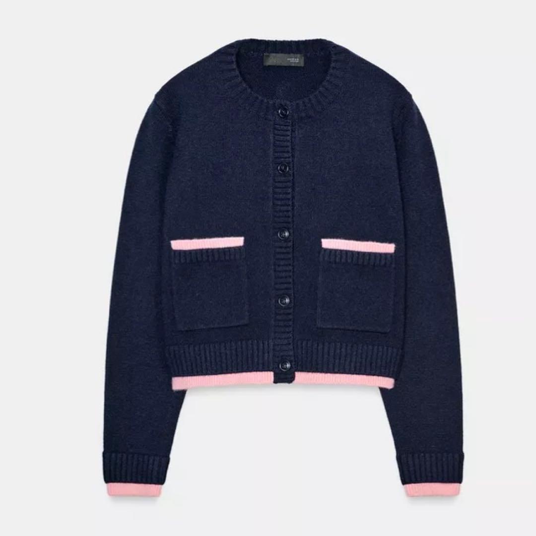 zara ザラ コントラストニットジャケット S カーディガン ピンク ネイビー
