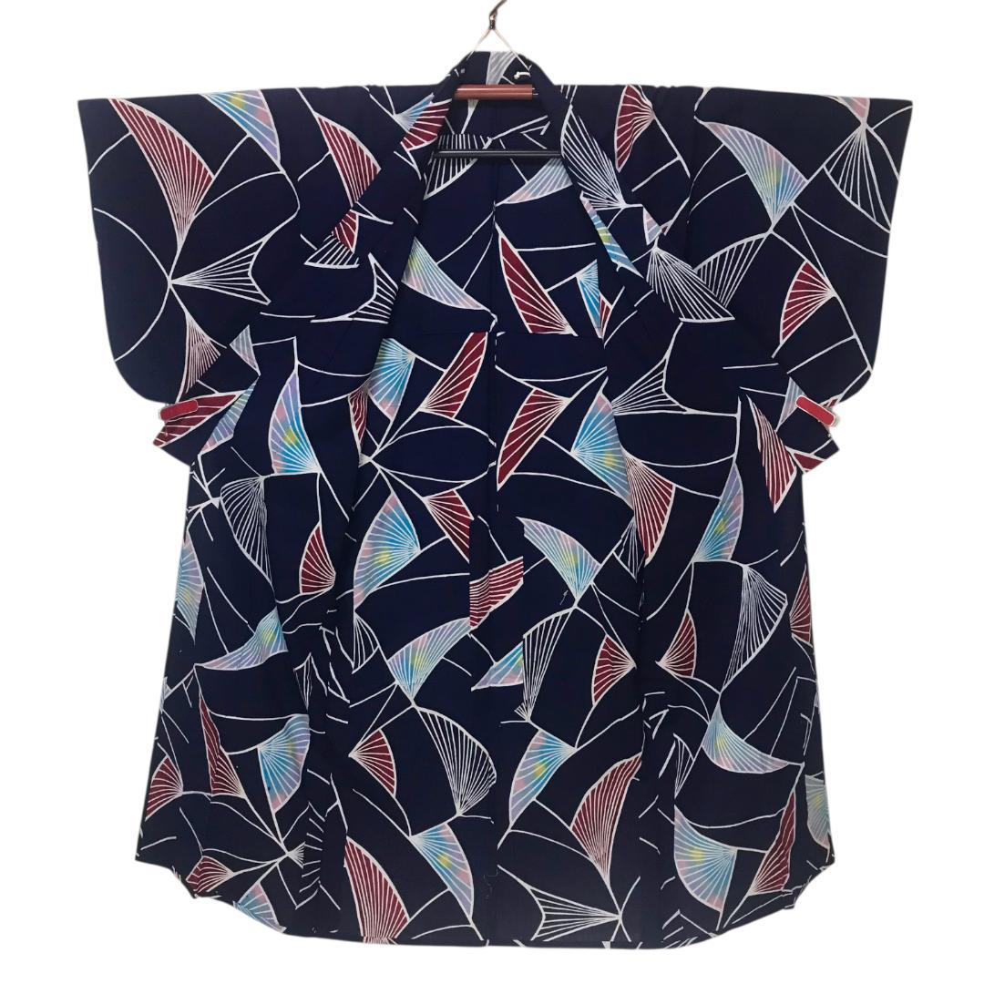 【浴衣】抽象模様　藍染 注染　紺 ネイビー　S　アンティーク ＋半幅帯セット