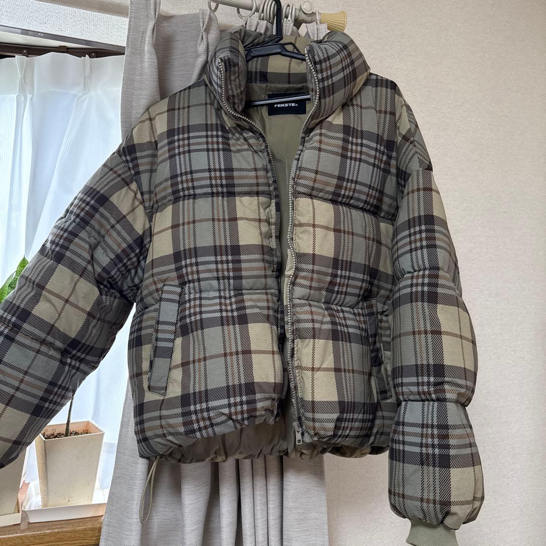 FEKETE ドロストショートエコダウンジャケット チェック