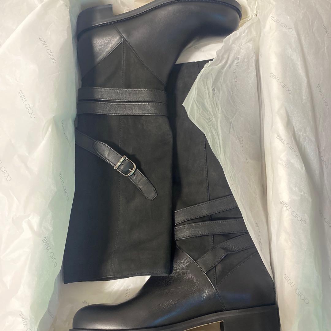 JIMMY CHOO ロングブーツ アーモンドトゥ スエード レザー 38 黒