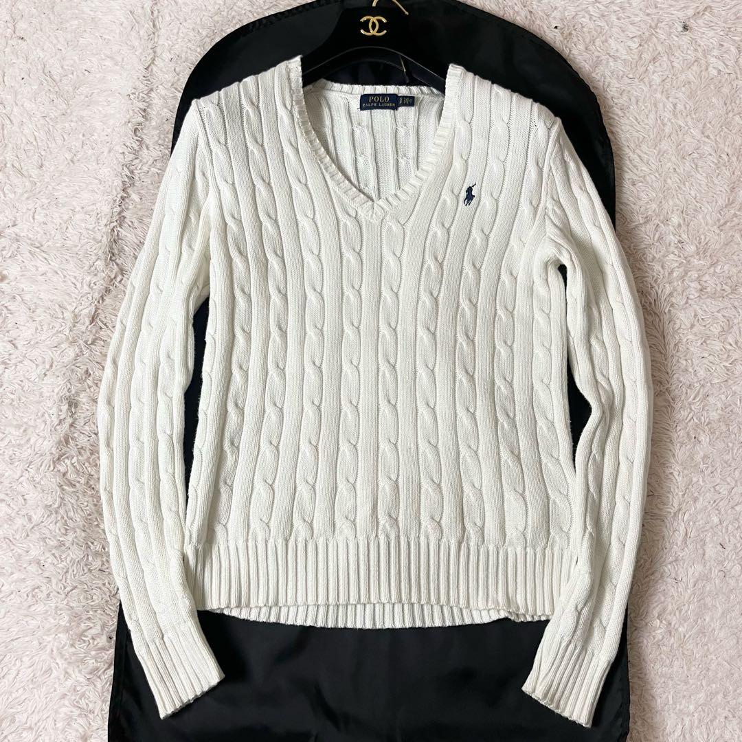 ラルフローレン ケーブルニット セーター ブランドロゴ 刺繍 白 ホワイト S
