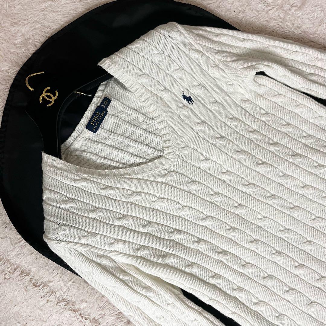 ラルフローレン ケーブルニット セーター ブランドロゴ 刺繍 白 ホワイト S