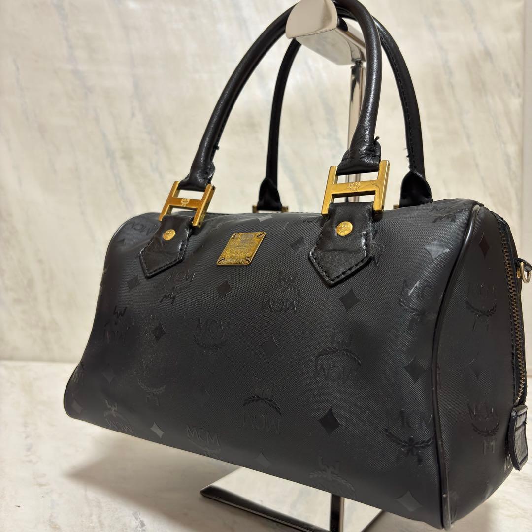 MCM エムシーエム ロゴ総柄 PVC×レザー ミニボストンバッグ ハンドバッグ