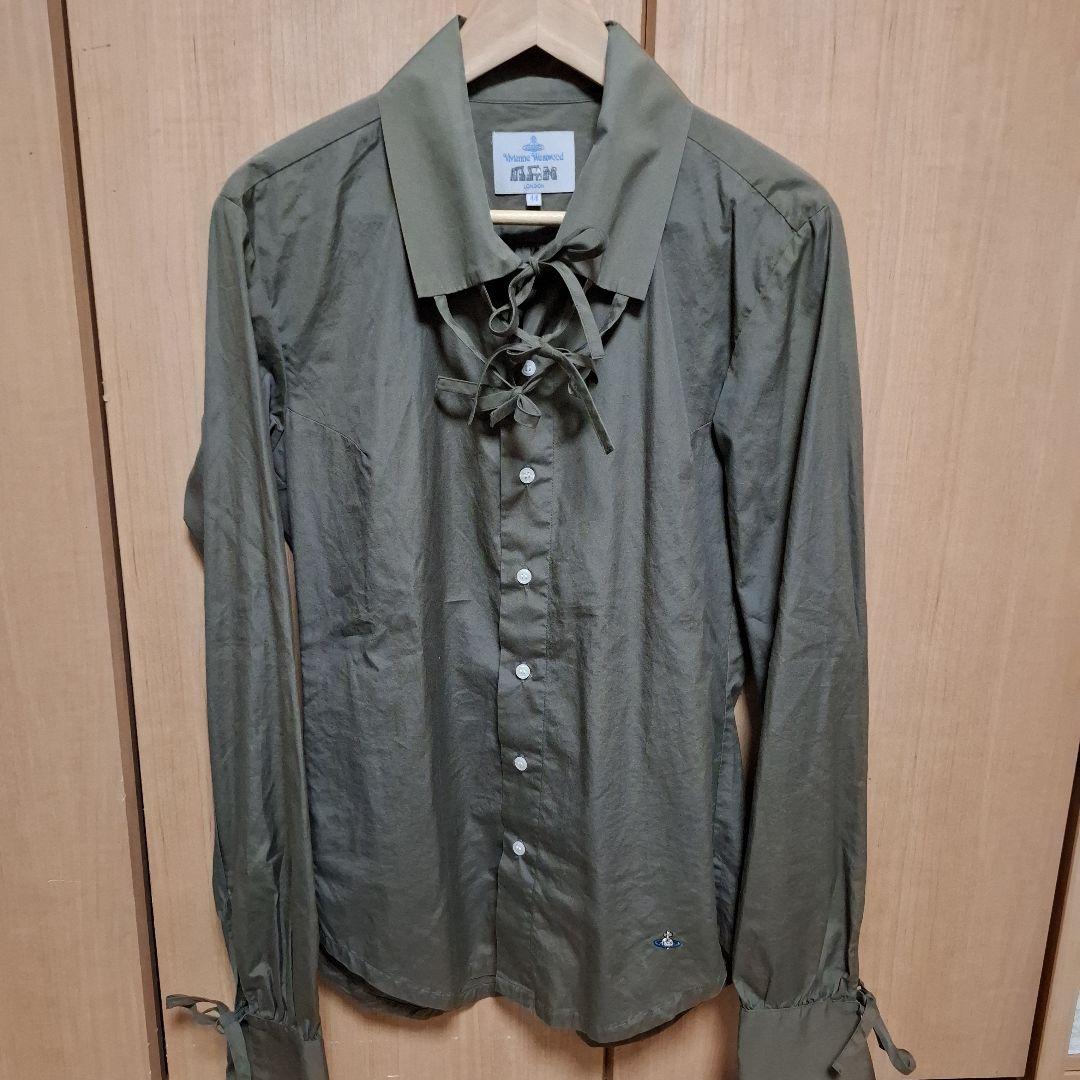 ヴィヴィアンウエストウッドマン　リボン　長袖シャツ　グリーン　44　フリルシャツ