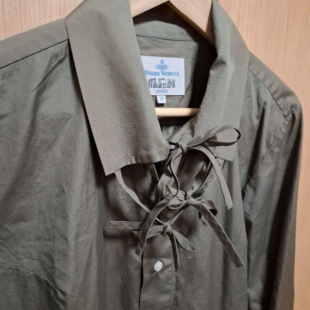 ヴィヴィアンウエストウッドマン　リボン　長袖シャツ　グリーン　44　フリルシャツ
