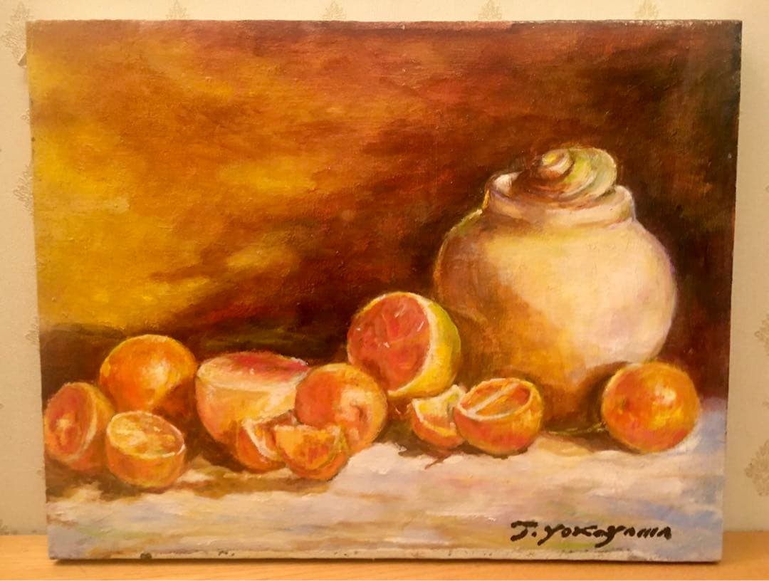壺とオレンジ　F6 油彩画 W41センチ×H32センチ