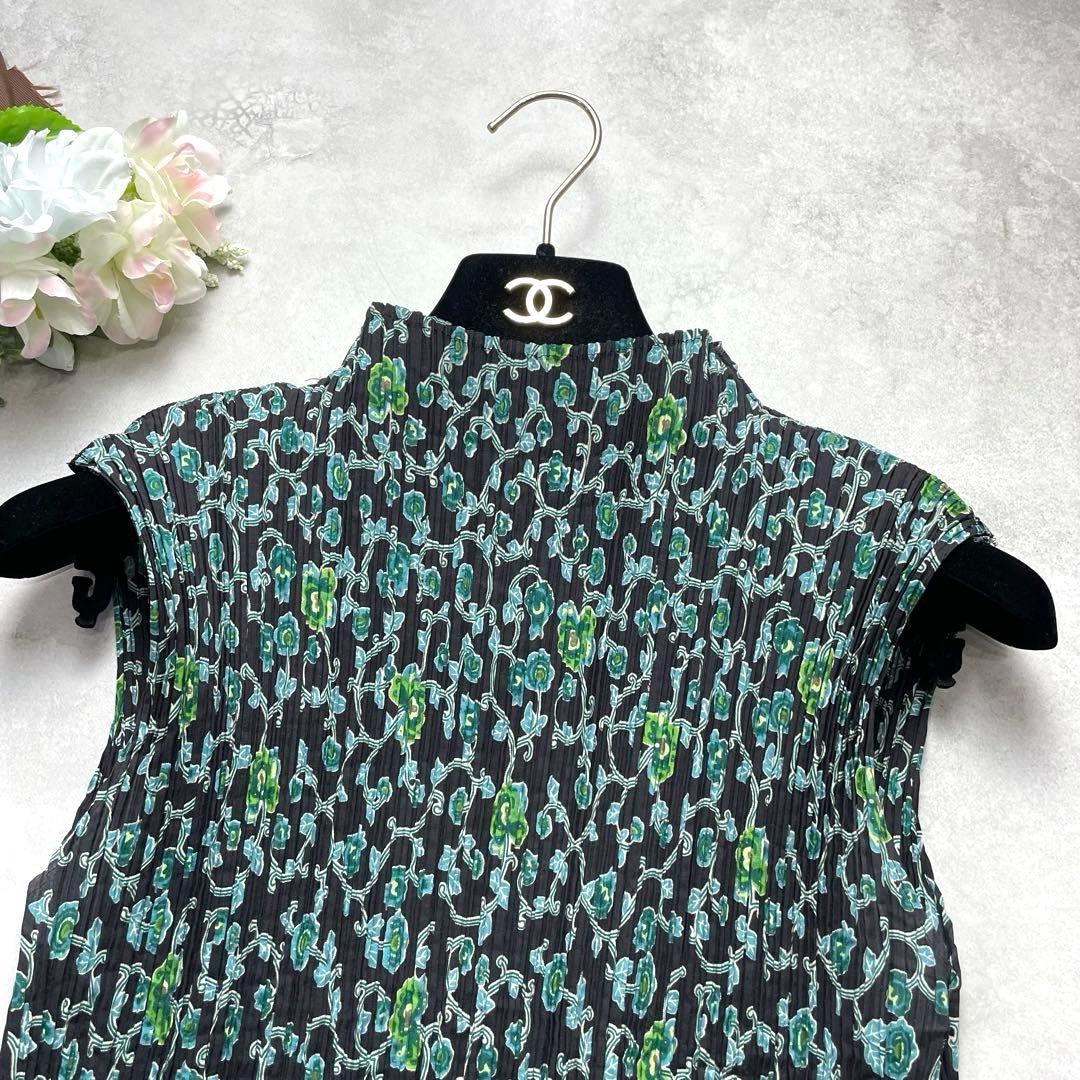お洒落✨イッセイミヤケ プリーツ トップス 花柄 総柄 グリーン サイズ2 M