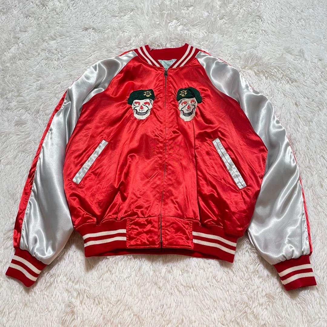 プリンス商会　スカジャン グリーンベレー　スカル刺繍　ドクロ　L 赤　サテン