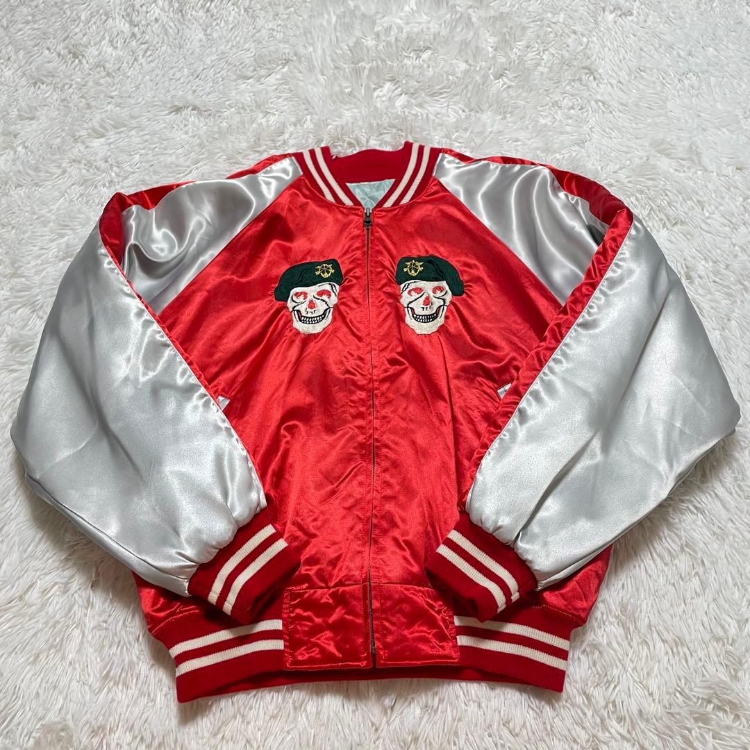 プリンス商会　スカジャン グリーンベレー　スカル刺繍　ドクロ　L 赤　サテン