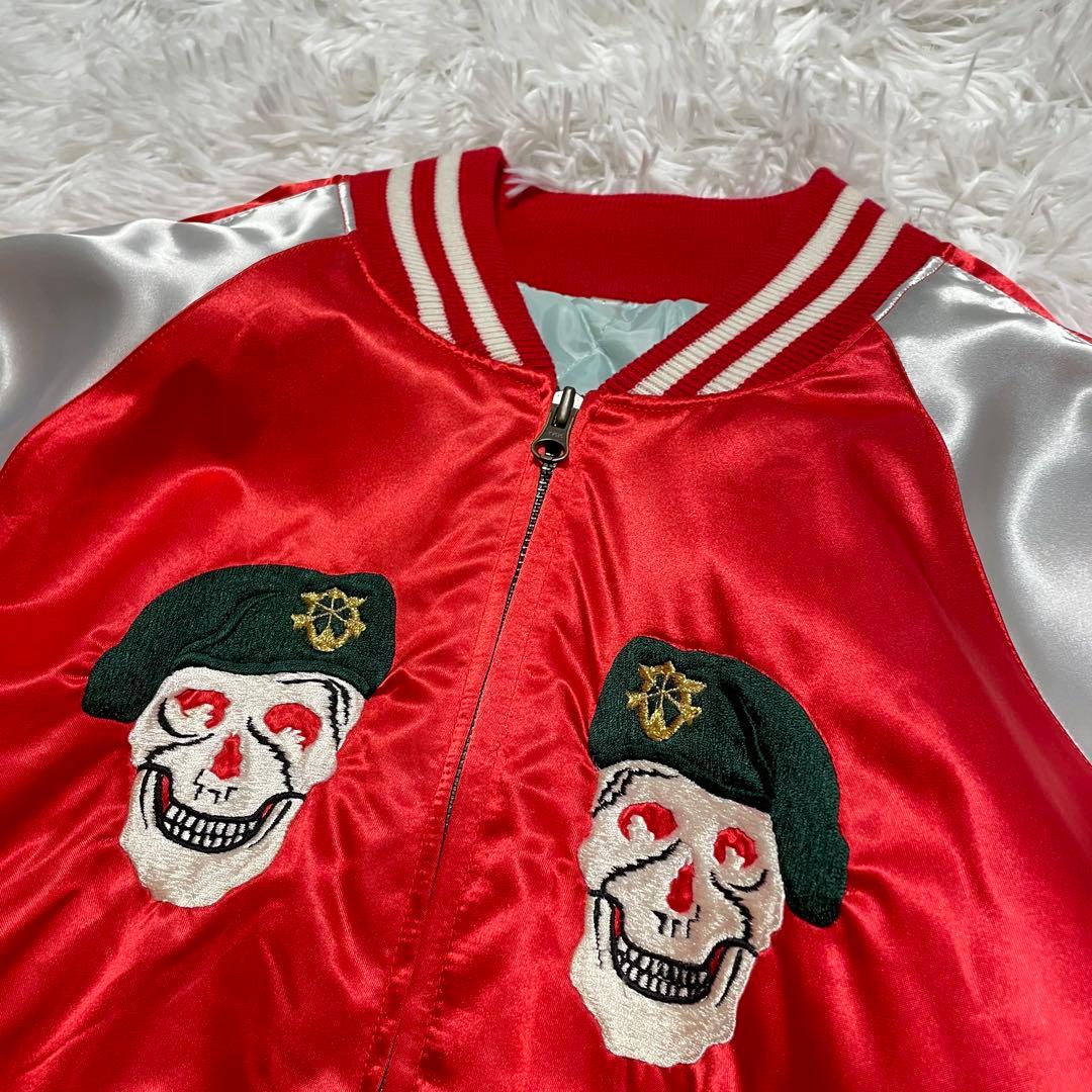 プリンス商会　スカジャン グリーンベレー　スカル刺繍　ドクロ　L 赤　サテン