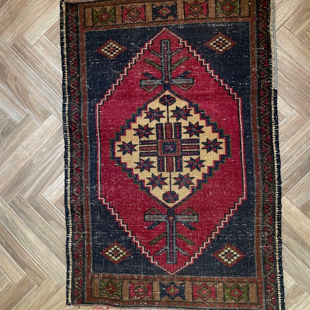 85×58㎝◇トルコヴィンテージラグ　レッド　ブルー　幾何学模様613