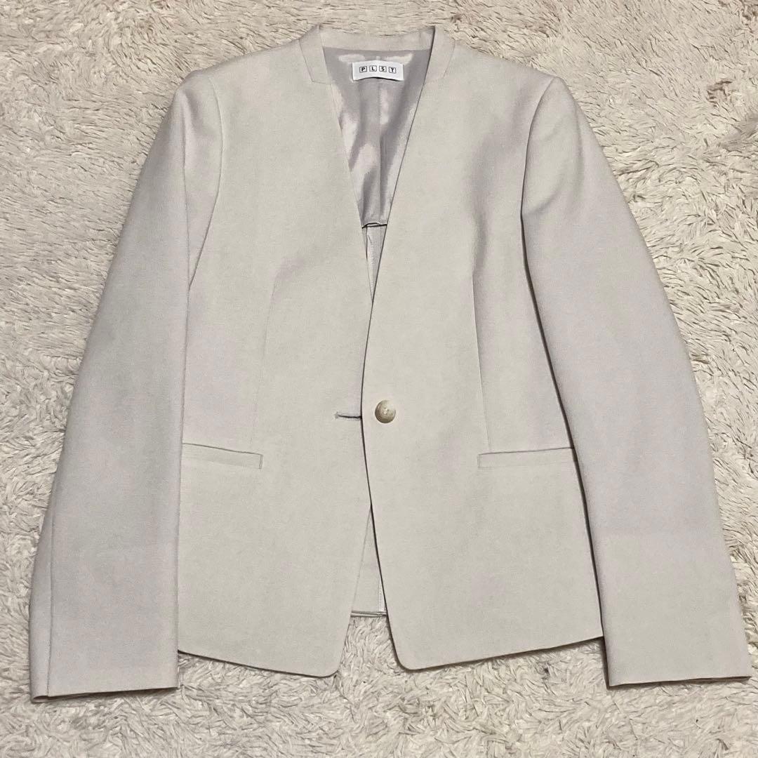 PLST 洗濯機で洗える ノーカラー ジャケット パンツ ベルト スーツ