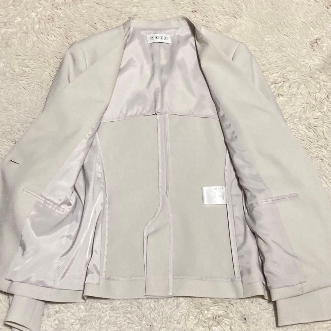 PLST 洗濯機で洗える ノーカラー ジャケット パンツ ベルト スーツ