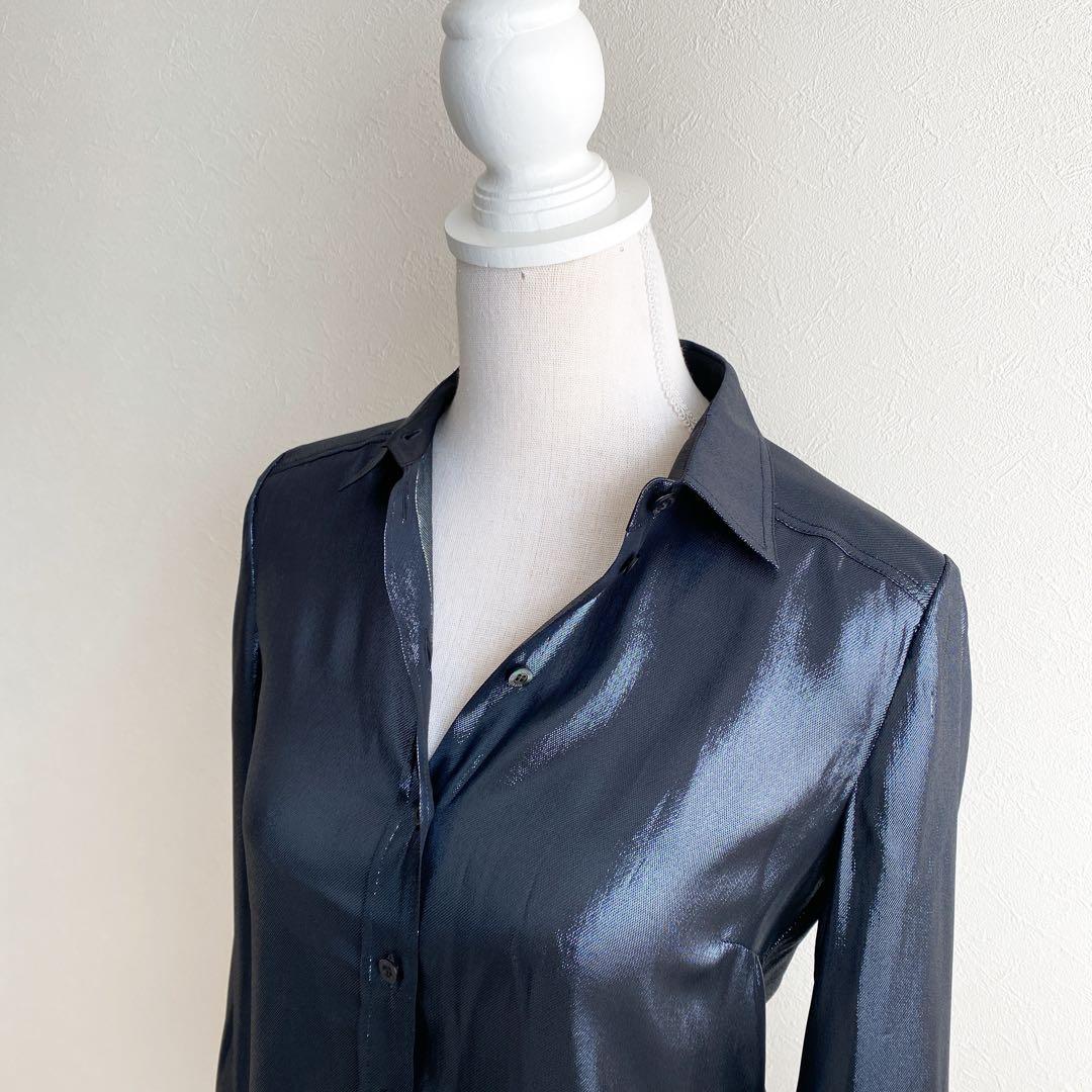 ✨GUCCI グッチ　シルク混ラメ長袖ブラウス　ネイビーグレー　イタリア製
