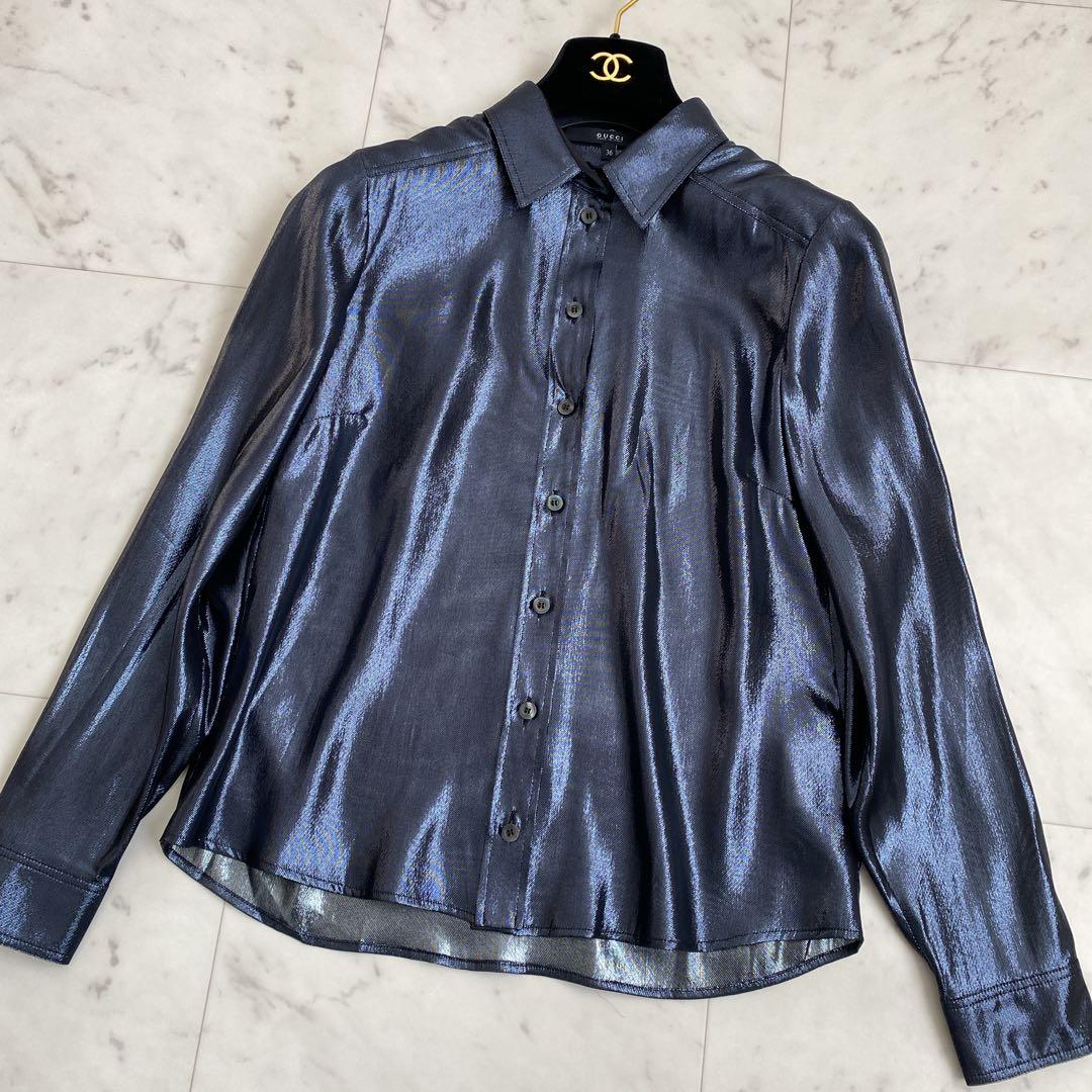 ✨GUCCI グッチ　シルク混ラメ長袖ブラウス　ネイビーグレー　イタリア製