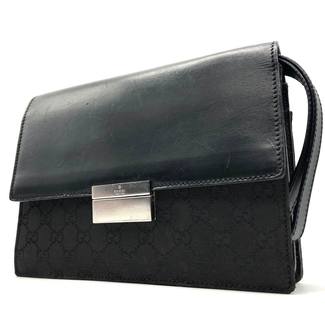 【美品】GUCCI クラッチバッグ レザー GGキャンバス 持ち手あり ブラック