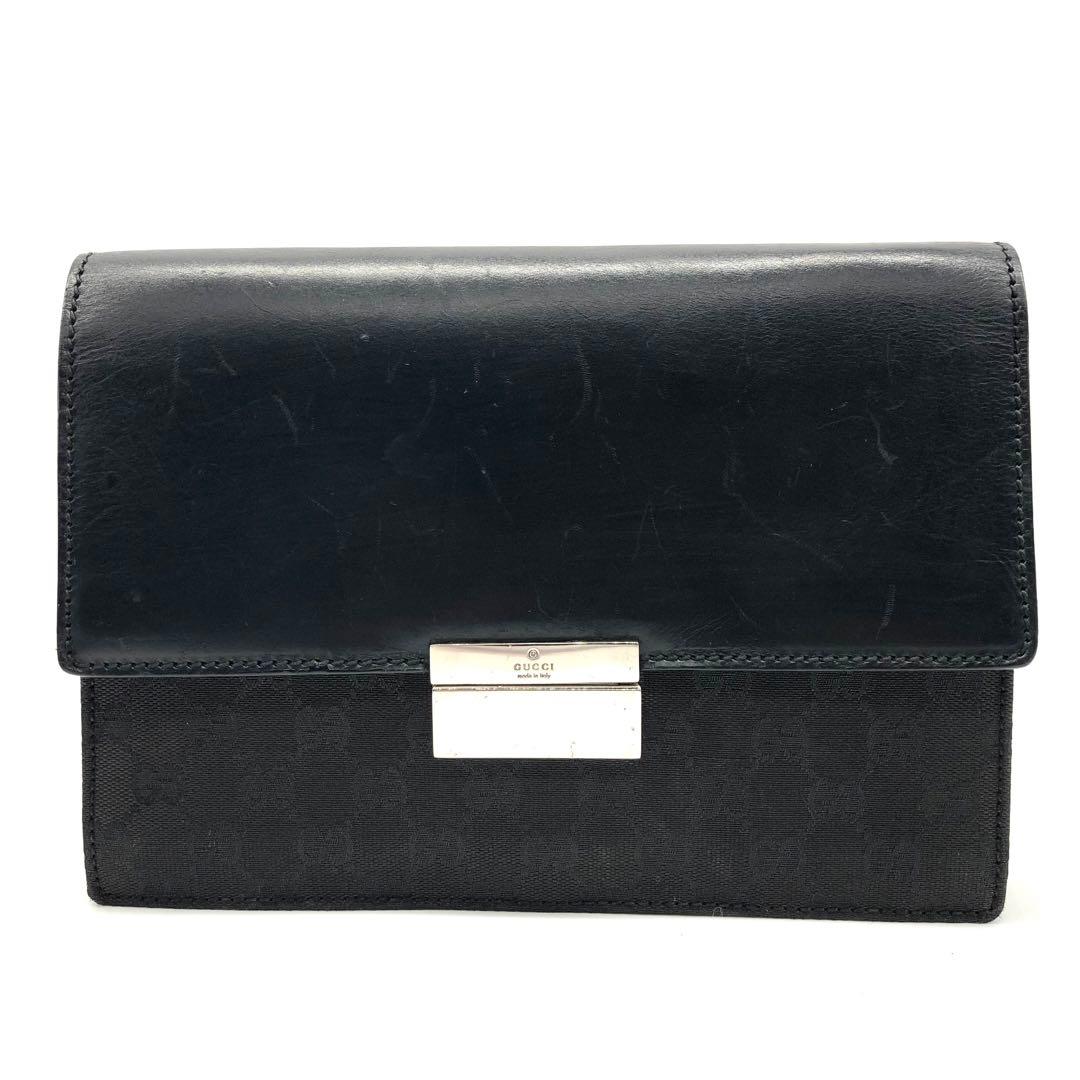 【美品】GUCCI クラッチバッグ レザー GGキャンバス 持ち手あり ブラック