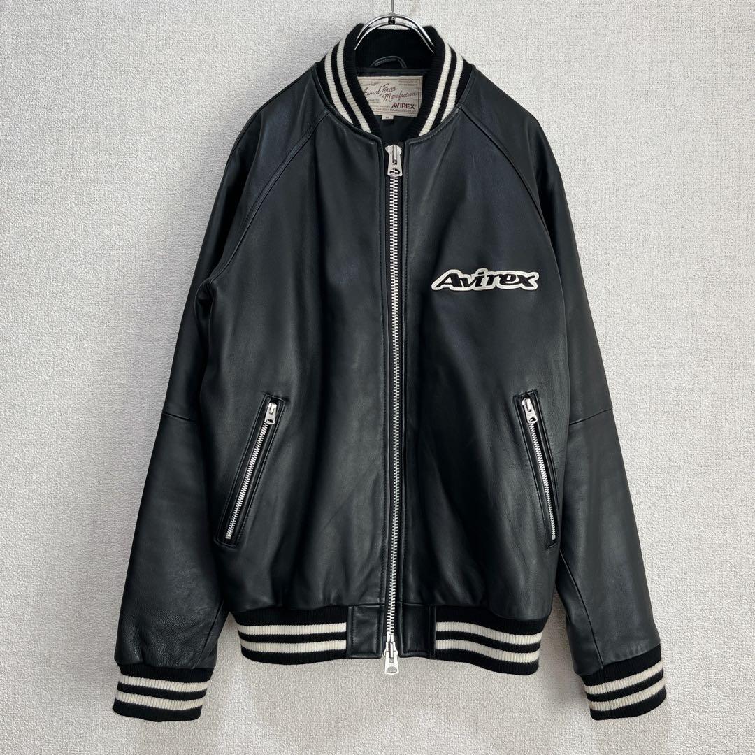 【美品】AVIREX ラムレザー ブルゾン アーチロゴ ブラック M