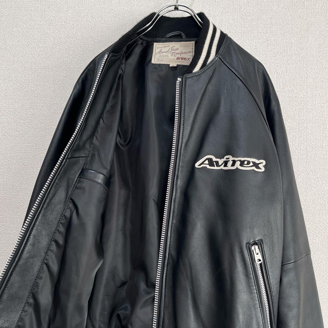 【美品】AVIREX ラムレザー ブルゾン アーチロゴ ブラック M