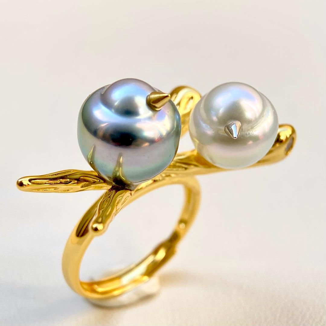 本真珠南洋黒蝶と白蝶真珠オーシャンブルーとブルー無調「鳥と枝」リングY1028