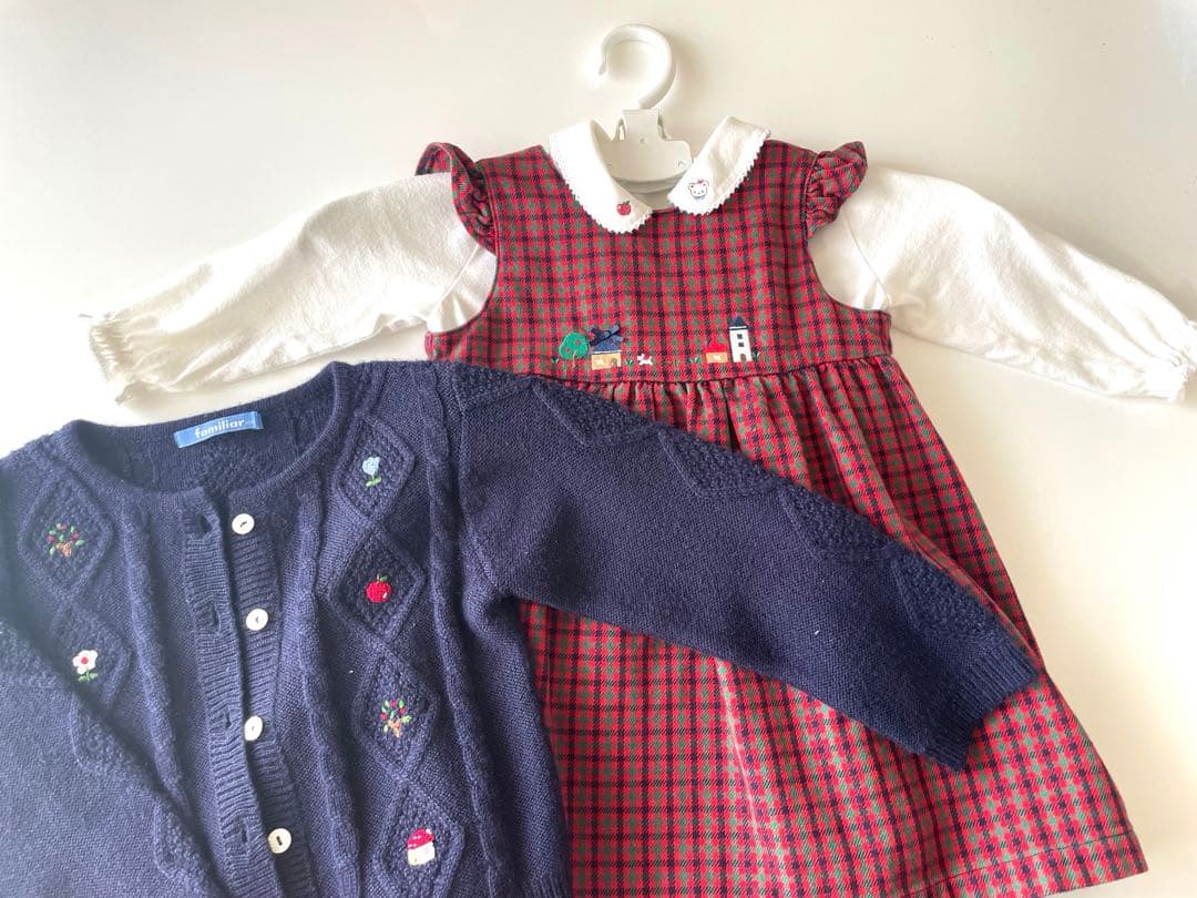 ファミリア　ブラウス•ワンピース•カーディガン　3点セット　赤色　　90-100