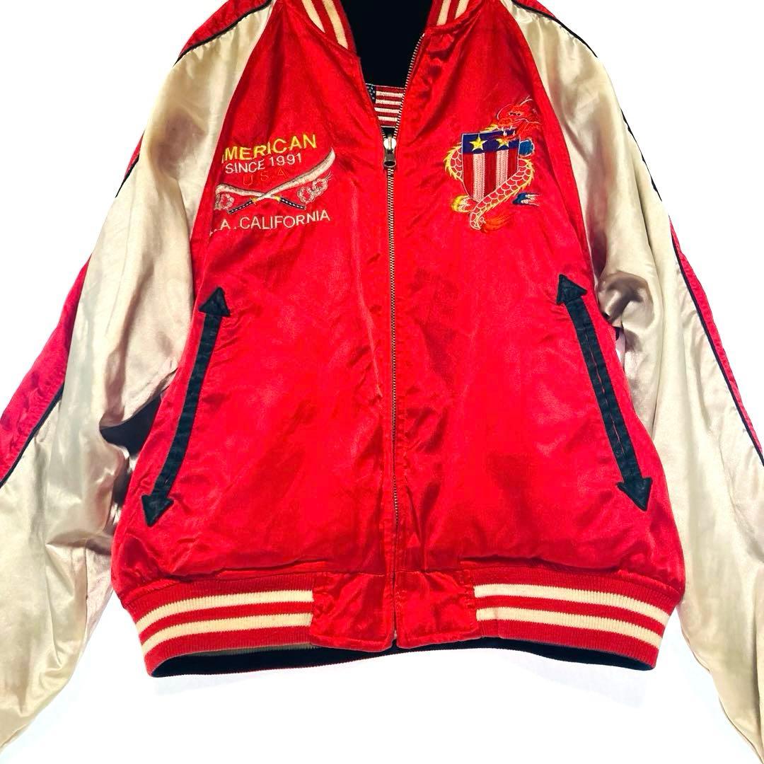 リバーシブル スカジャン ベロア×サテン 龍 刺繍 星条旗 90s Mサイズ