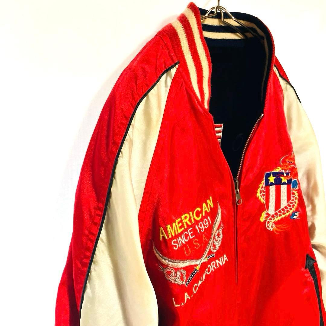 リバーシブル スカジャン ベロア×サテン 龍 刺繍 星条旗 90s Mサイズ